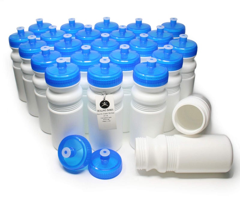 Rolling Sands Reusable Bulk Water Bottles 24 Pack - 20 Oz Sports Water Bottles, USA Made, BPA-Free, Wide Mouth for Easy Cleaning, Dishwasher Safe, Break Resistant - White Bottle/Blue Lid - Image 1